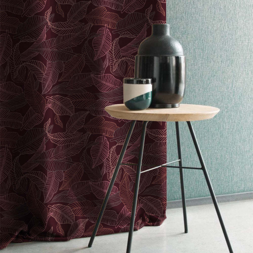 Leafy Silhouette Floral Maroon Heavy Satin Blackout curtains Set Of 2 - (DS470C)