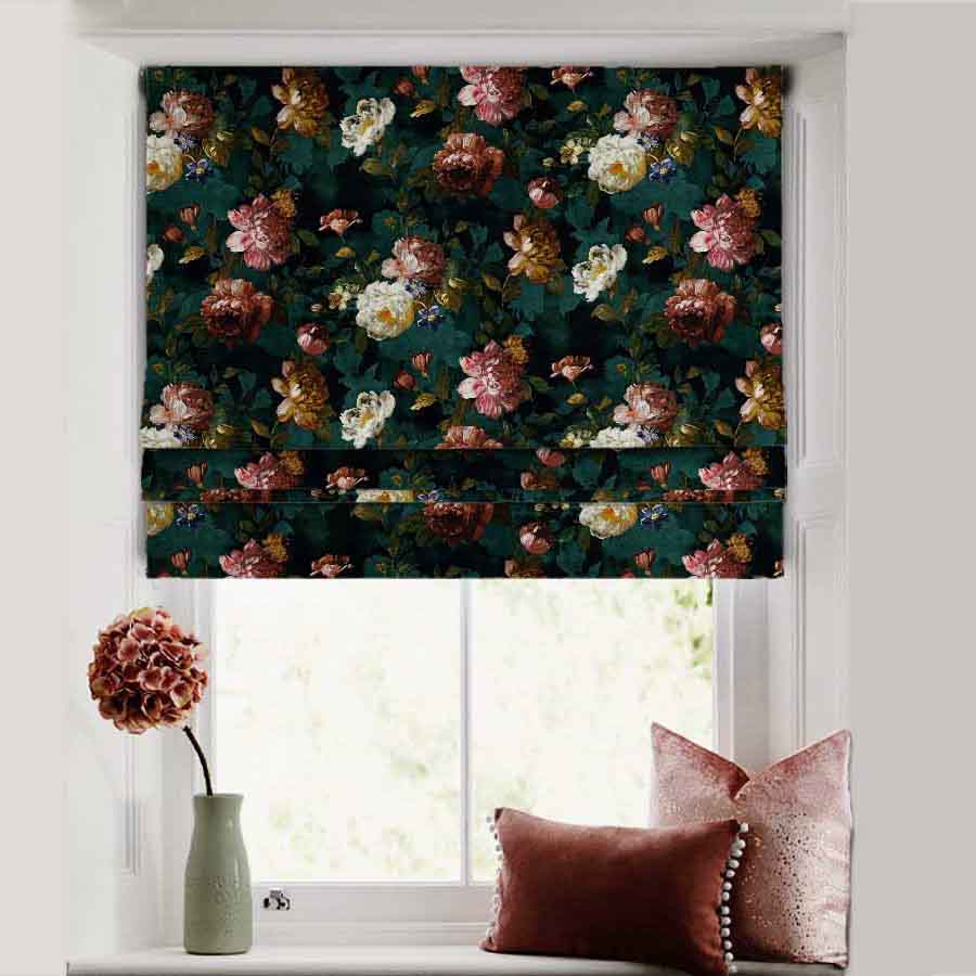 Dark Romance Floral Turquoise Satin Roman Blind (DS473B)
