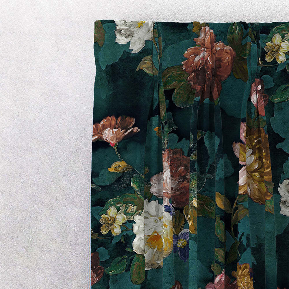 Dark Romance Floral Turquoise Heavy Satin Blackout curtains Set Of 2 - (DS473B)