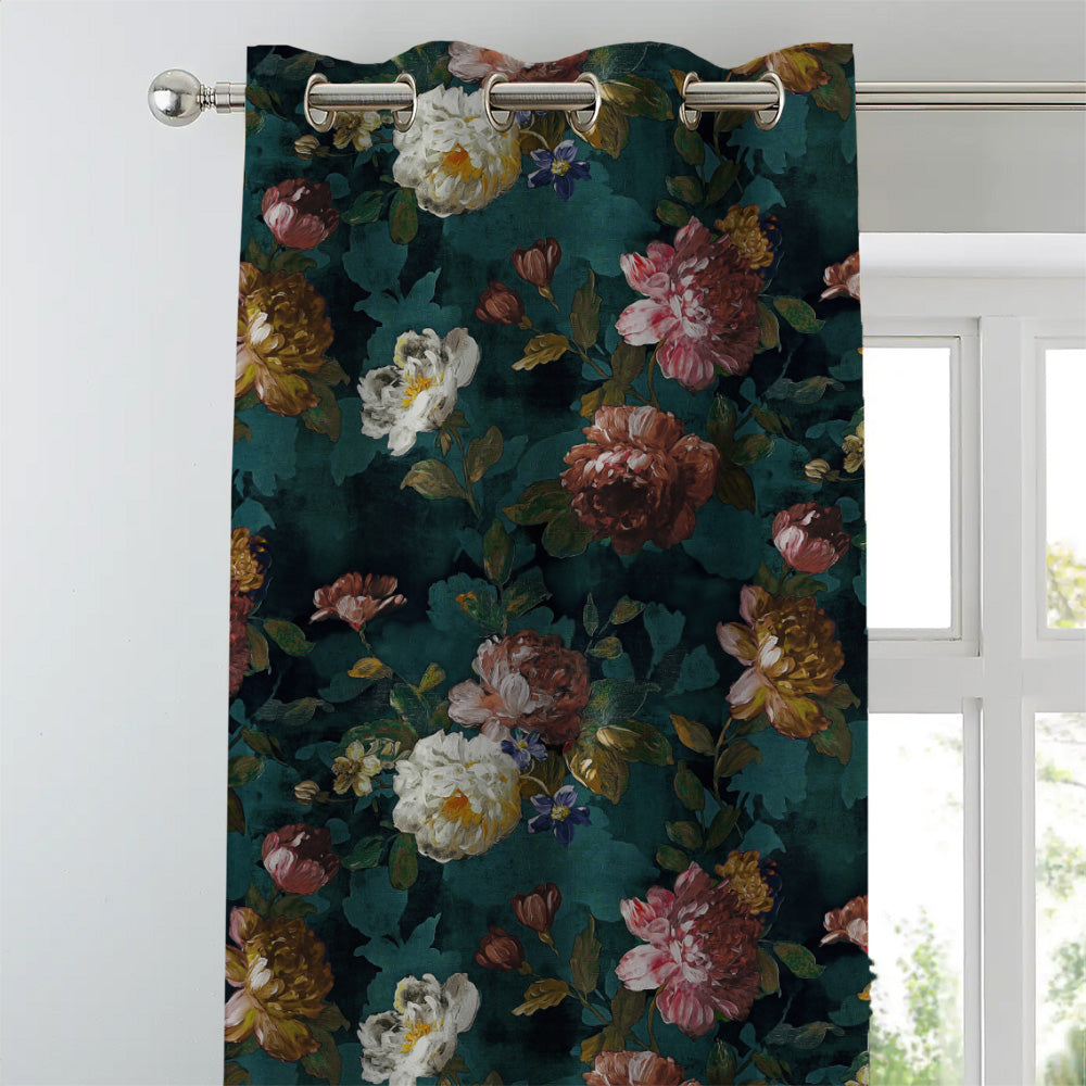 Dark Romance Floral Turquoise Heavy Satin Blackout curtains Set Of 2 - (DS473B)