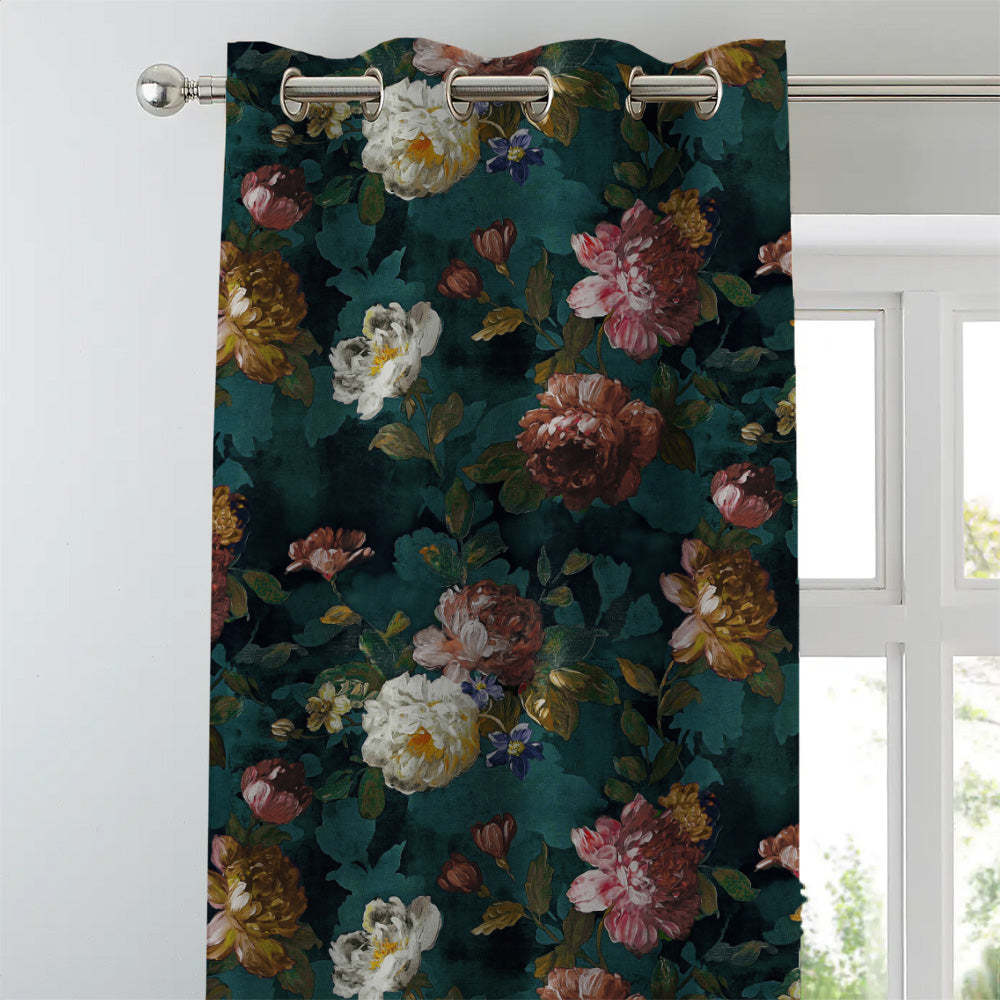 Dark Romance Floral Turquoise Heavy Satin Blackout curtains Set Of 2 - (DS473B)