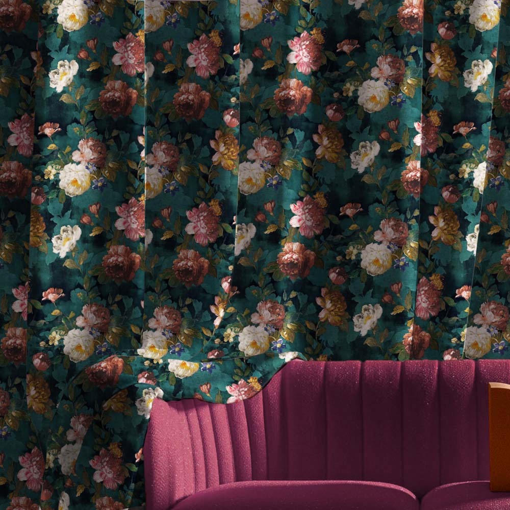 Dark Romance Floral Turquoise Heavy Satin Blackout curtains Set Of 2 - (DS473B)