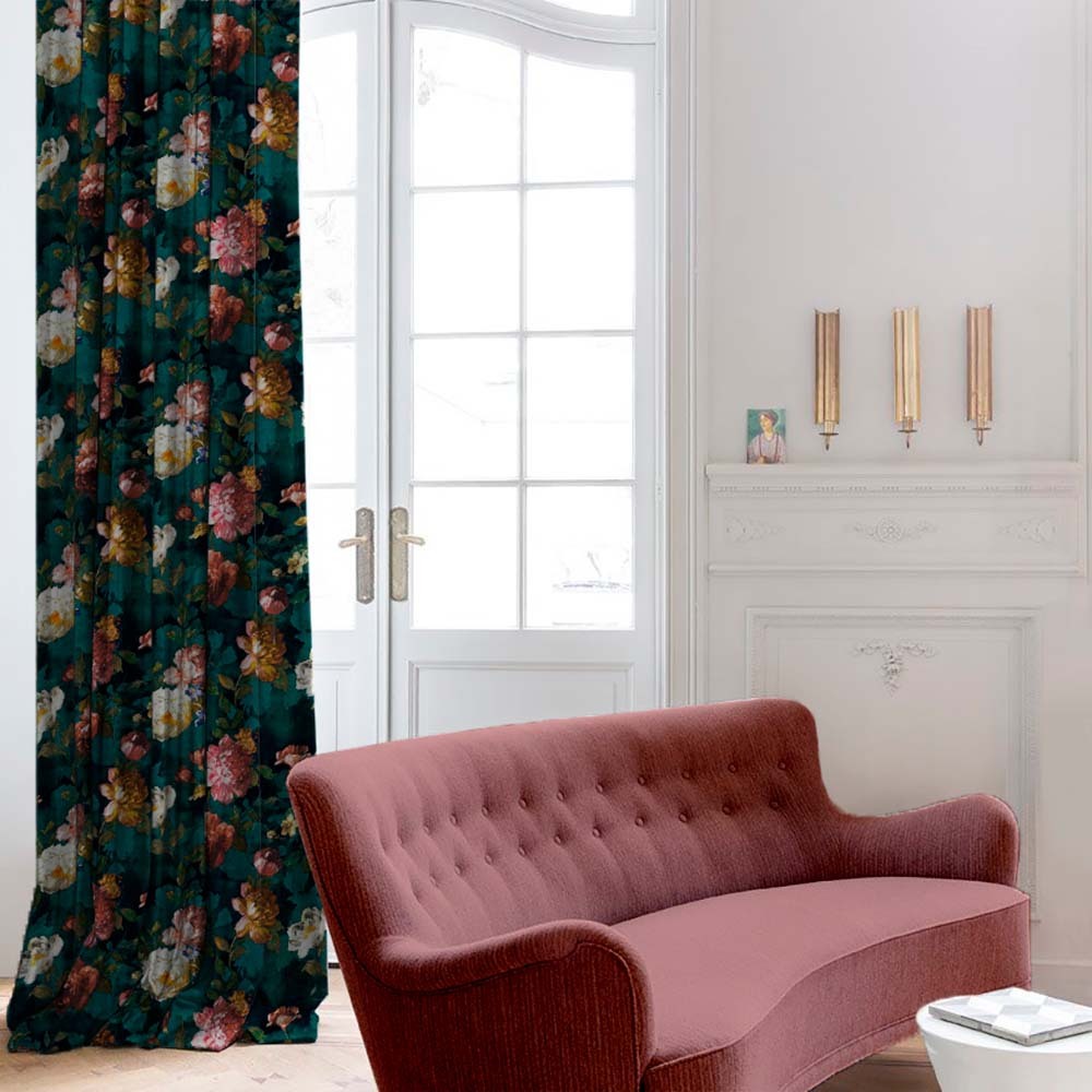 Dark Romance Floral Turquoise Heavy Satin Blackout curtains Set Of 2 - (DS473B)