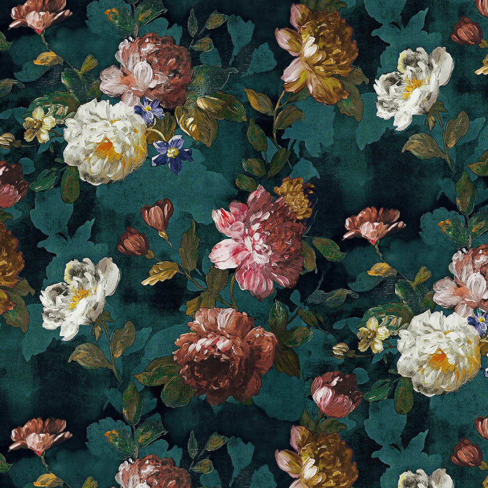 Dark Romance Floral Turquoise Heavy Satin Blackout curtains Set Of 2 - (DS473B)