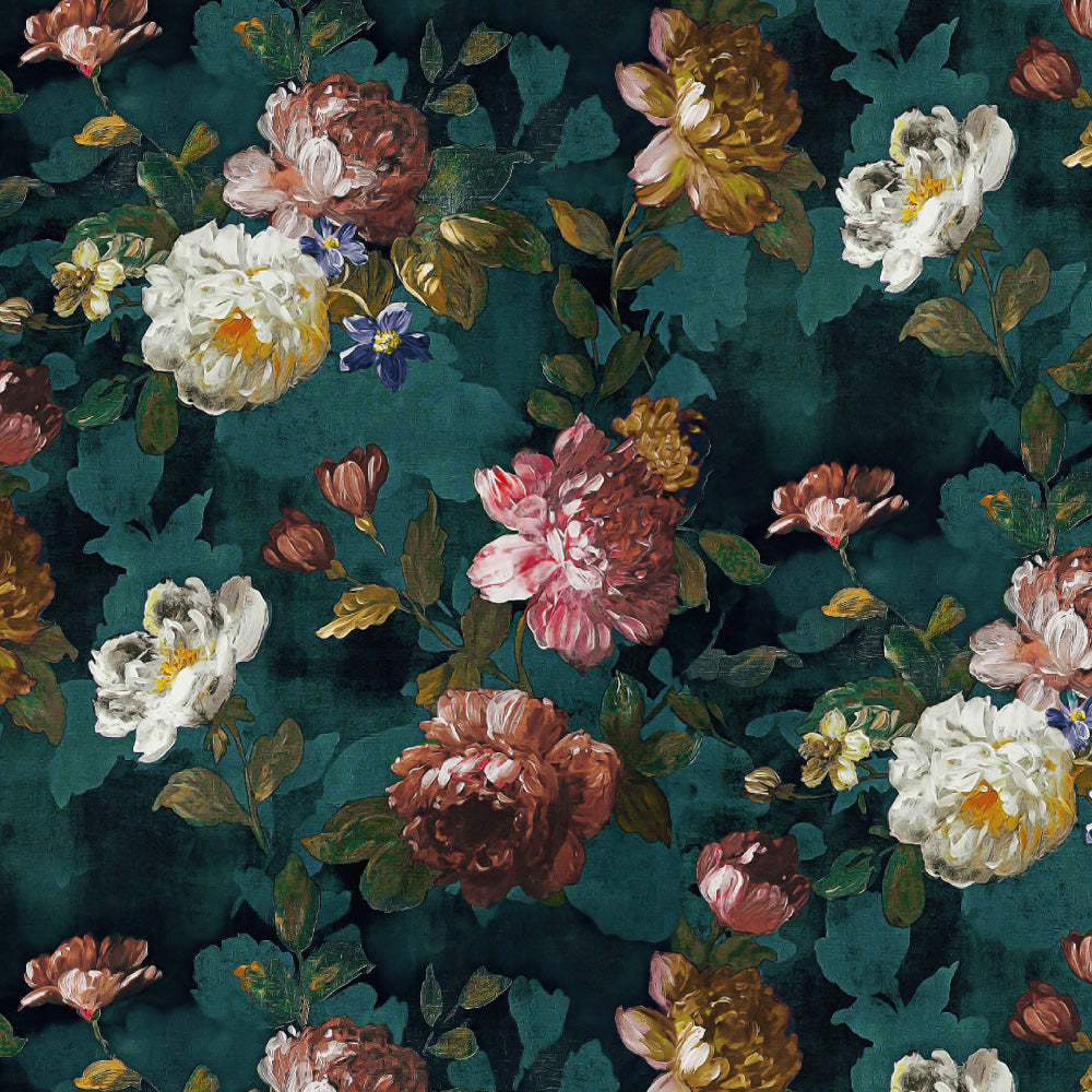 Dark Romance Floral Turquoise Heavy Satin Blackout curtains Set Of 2 - (DS473B)