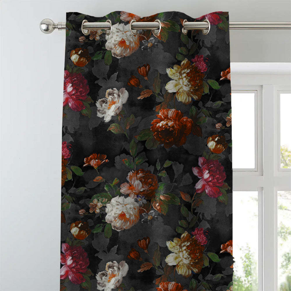 Dark Romance Floral Jade Black Heavy Satin Blackout curtains Set Of 2 - (DS473D)