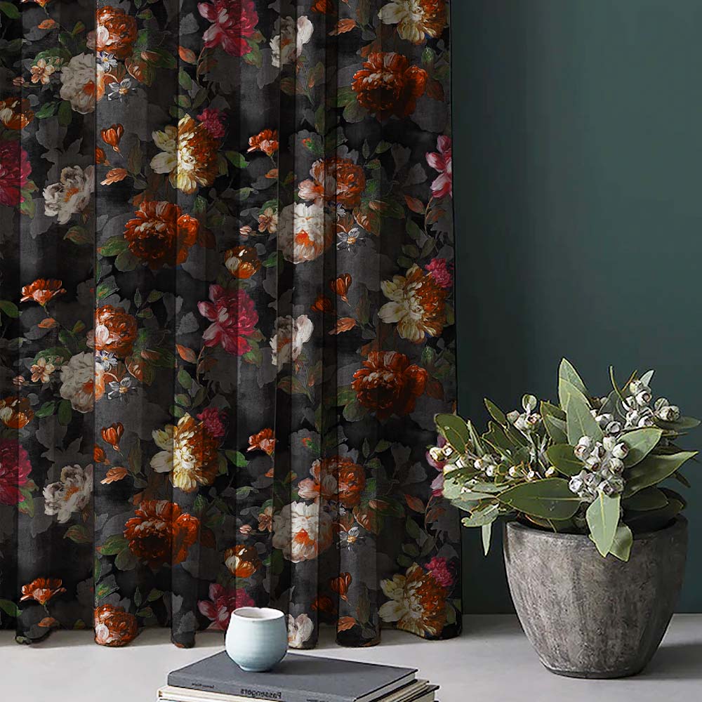 Dark Romance Floral Jade Black Heavy Satin Blackout curtains Set Of 2 - (DS473D)