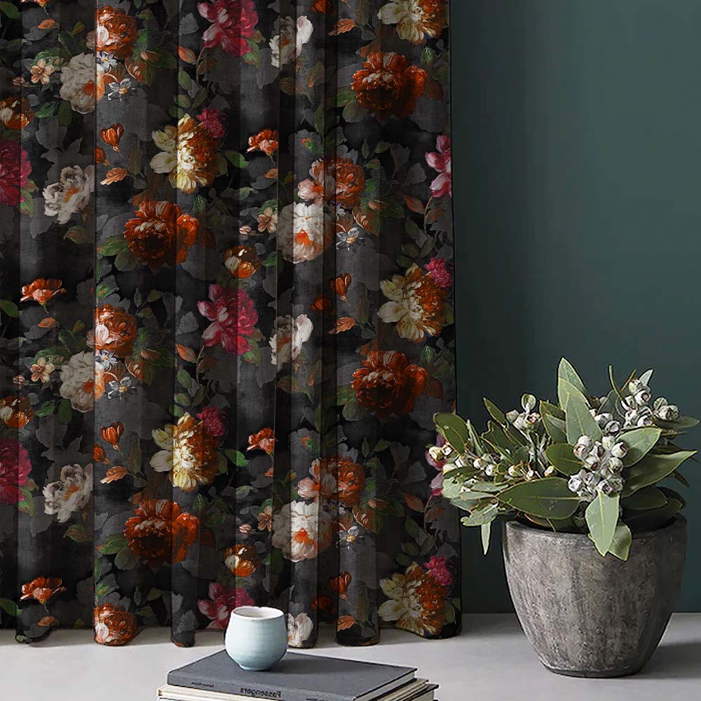 Dark Romance Floral Jade Black Heavy Satin Blackout curtains Set Of 2 - (DS473D)