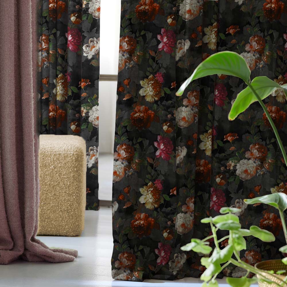 Dark Romance Floral Jade Black Heavy Satin Blackout curtains Set Of 2 - (DS473D)