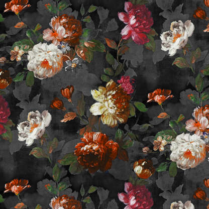 Dark Romance Floral Jade Black Heavy Satin Blackout curtains Set Of 2 - (DS473D)