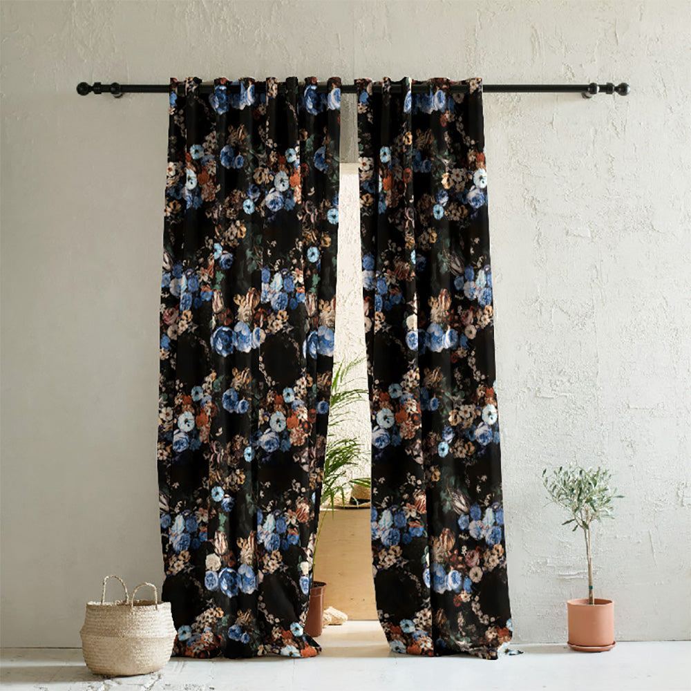 Noir Blossom Floral Sky Blue Heavy Satin Room Darkening Curtains Set Of 2 - (DS474A)