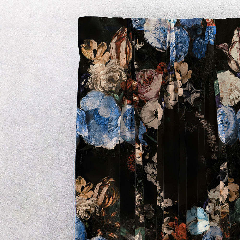 Noir Blossom Floral Sky Blue Heavy Satin Blackout curtains Set Of 2 - (DS474A)