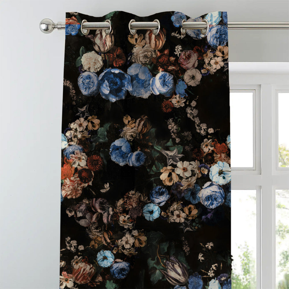 Noir Blossom Floral Sky Blue Heavy Satin Blackout curtains Set Of 2 - (DS474A)