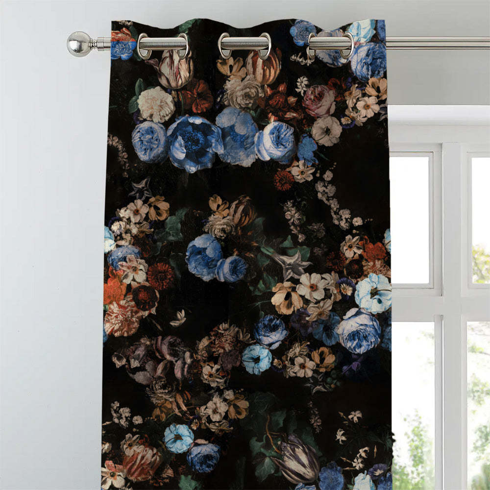 Noir Blossom Floral Sky Blue Heavy Satin Blackout curtains Set Of 2 - (DS474A)