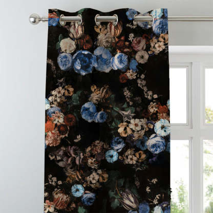 Noir Blossom Floral Sky Blue Heavy Satin Blackout curtains Set Of 2 - (DS474A)
