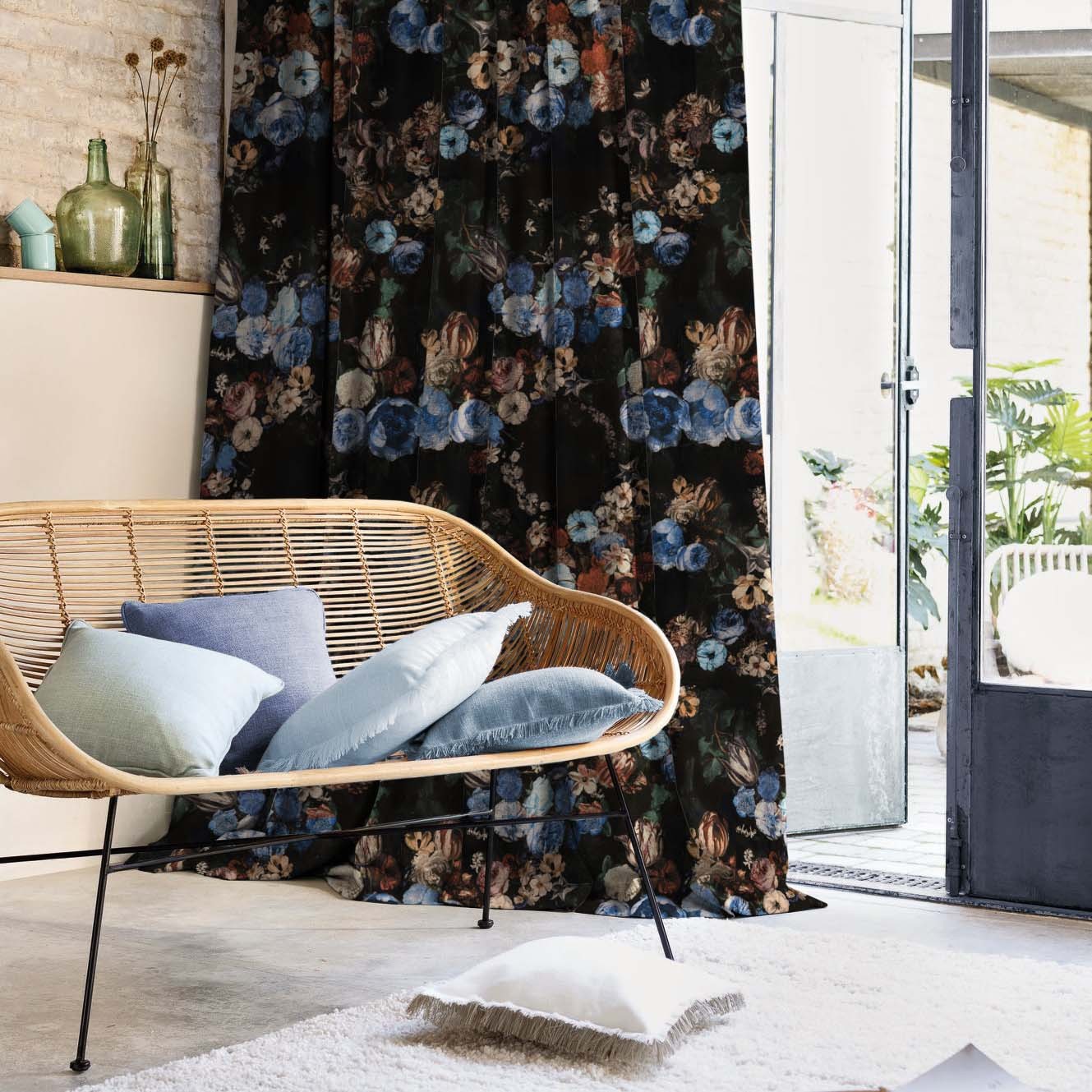 Noir Blossom Floral Sky Blue Heavy Satin Blackout curtains Set Of 2 - (DS474A)