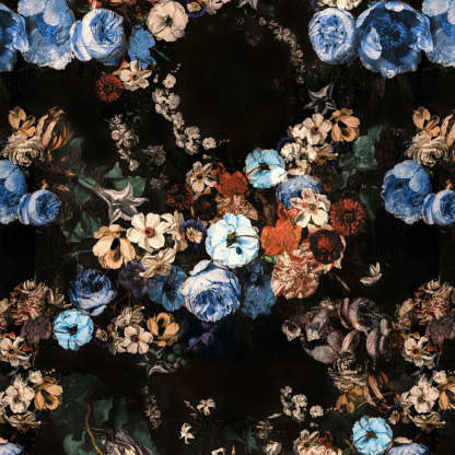 Noir Blossom Floral Sky Blue Heavy Satin Blackout curtains Set Of 2 - (DS474A)