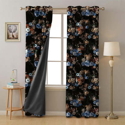 Noir Blossom Floral Sky Blue Heavy Satin Blackout curtains Set Of 2 - (DS474A)