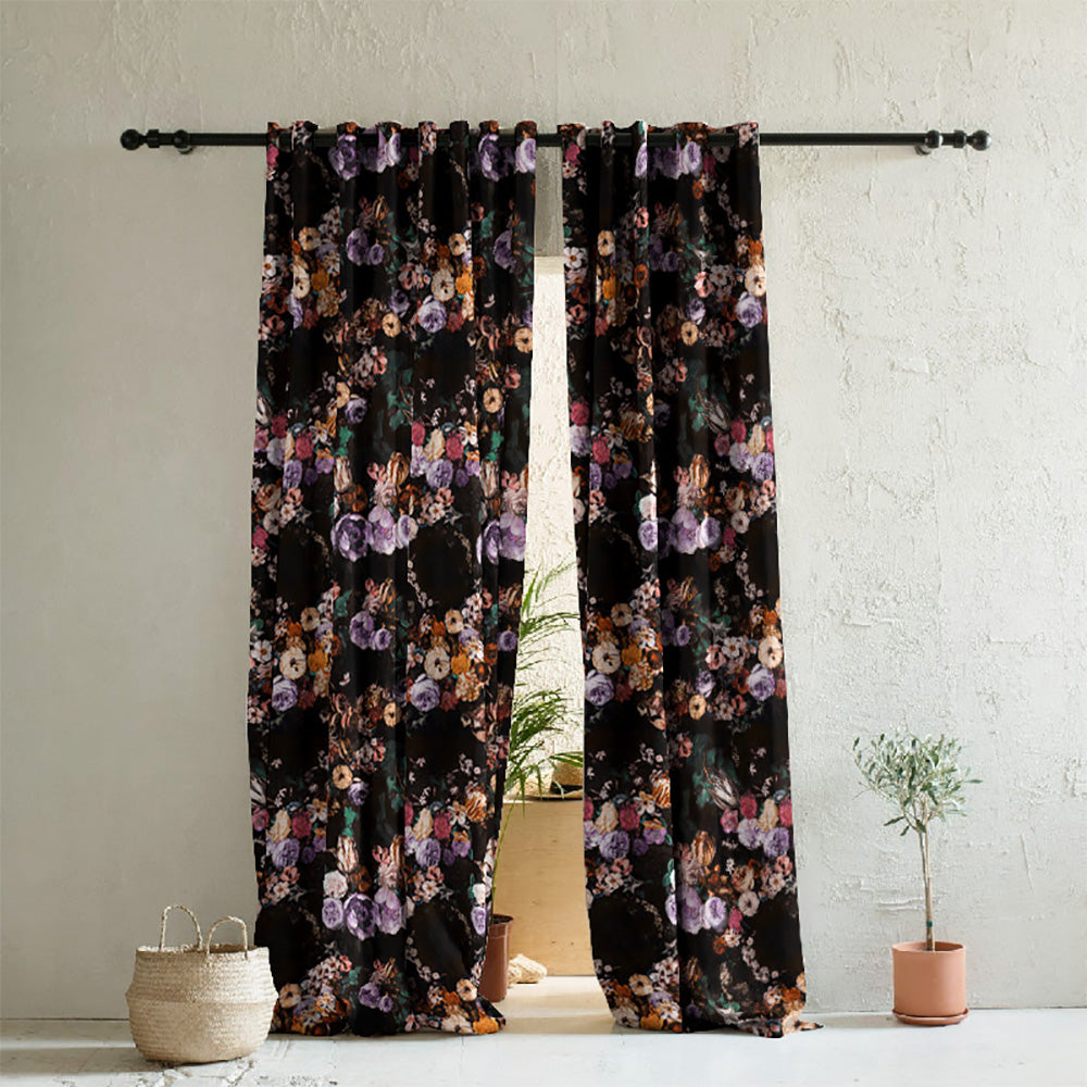 Noir Blossom Floral Dusty Purple Heavy Satin Room Darkening Curtains Set Of 2 - (DS474B)