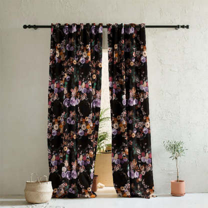 Noir Blossom Floral Dusty Purple Heavy Satin Room Darkening Curtains Set Of 2 - (DS474B)