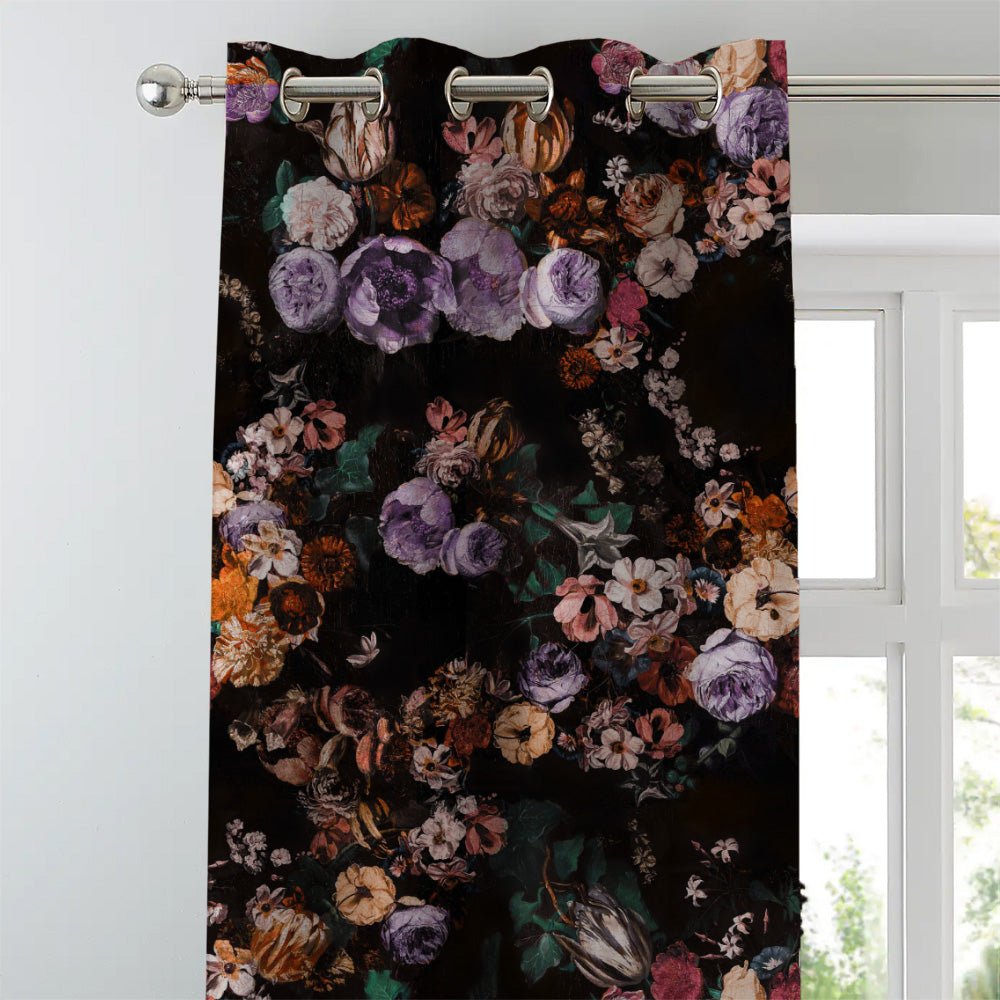 Noir Blossom Floral Dusty Purple Heavy Satin Room Darkening Curtains Set Of 2 - (DS474B)