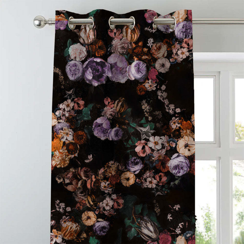 Noir Blossom Floral Dusty Purple Heavy Satin Room Darkening Curtains Set Of 2 - (DS474B)