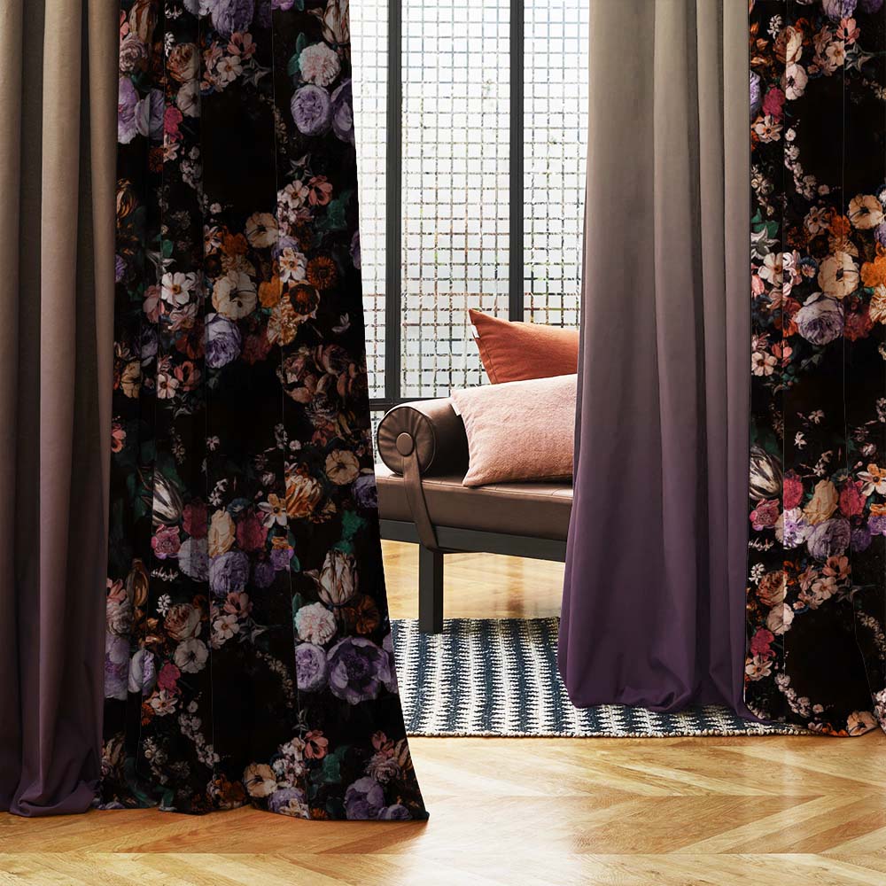 Noir Blossom Floral Dusty Purple Heavy Satin Room Darkening Curtains Set Of 2 - (DS474B)