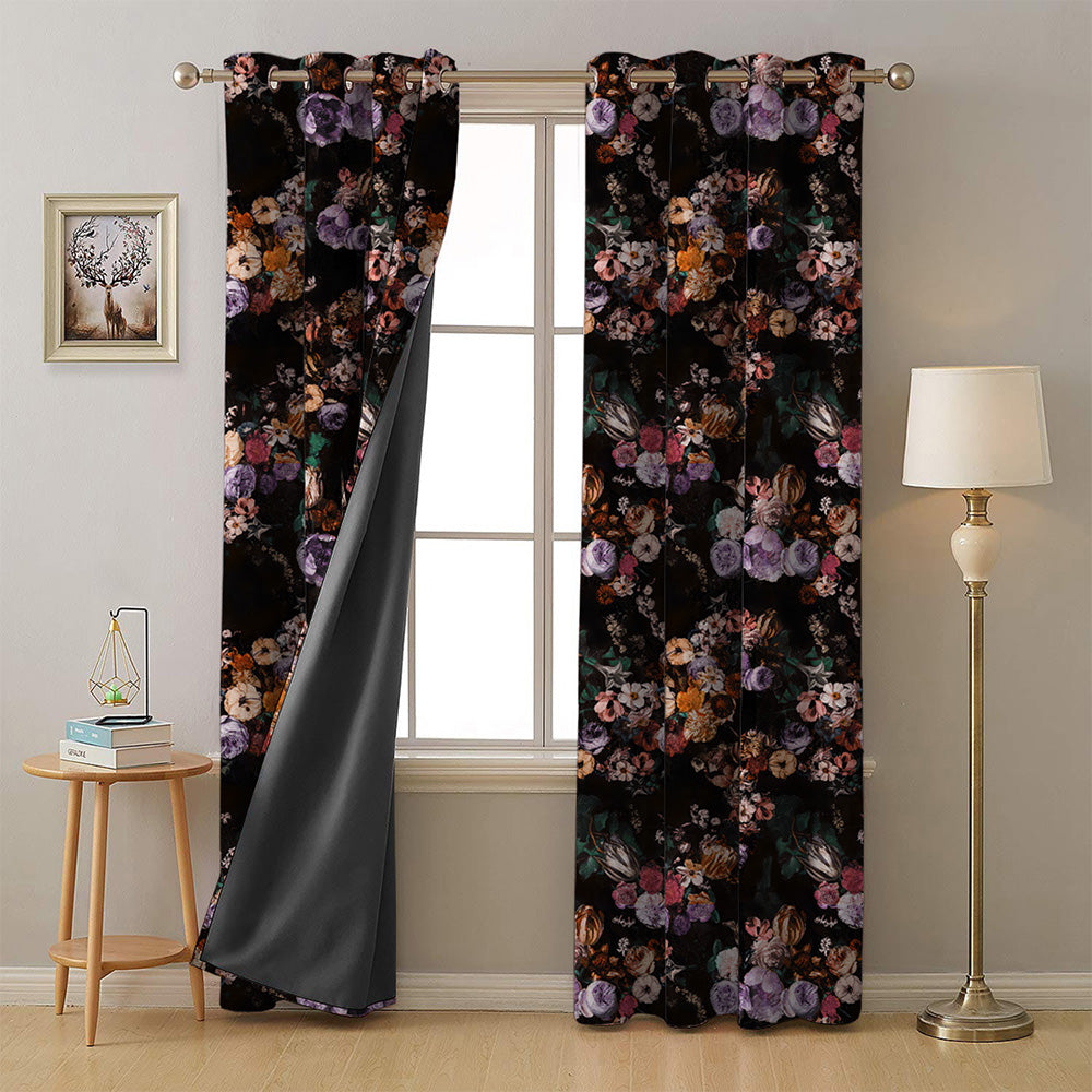 Noir Blossom Floral Dusty Purple Heavy Satin Room Darkening Curtains Set Of 2 - (DS474B)