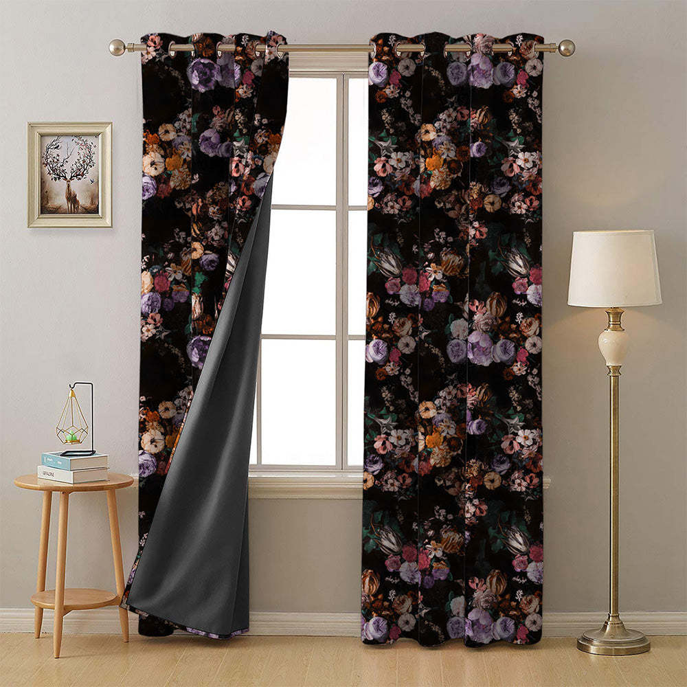 Noir Blossom Floral Dusty Purple Heavy Satin Room Darkening Curtains Set Of 2 - (DS474B)