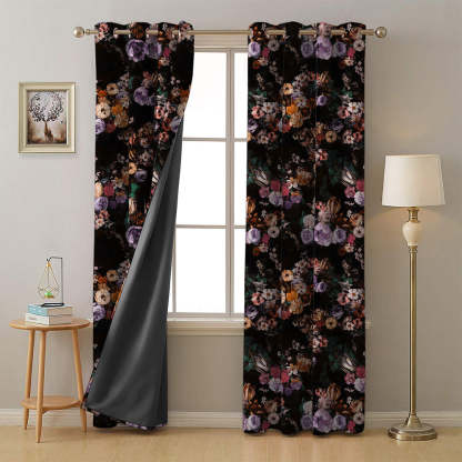 Noir Blossom Floral Dusty Purple Heavy Satin Room Darkening Curtains Set Of 2 - (DS474B)