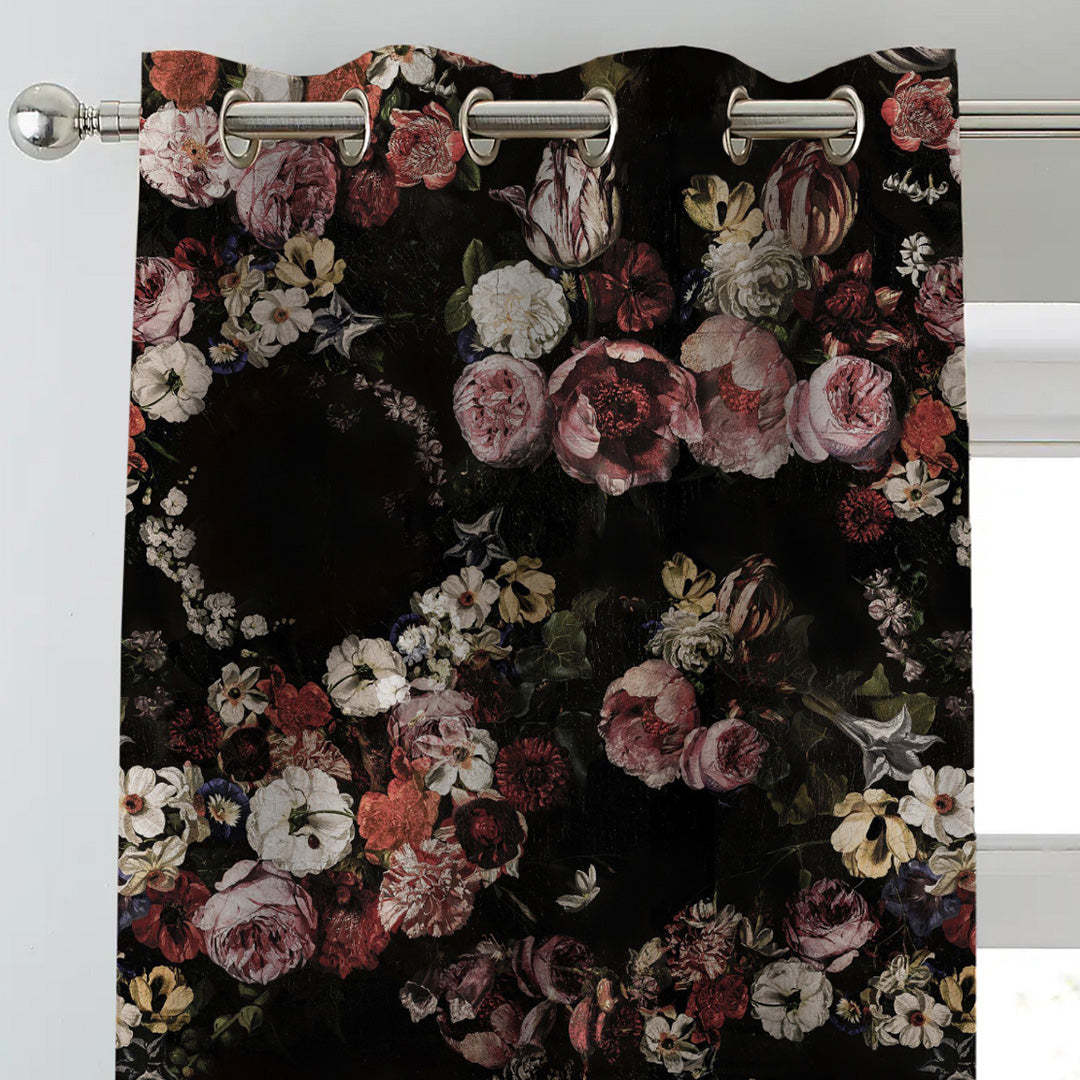 Noir Blossom Floral Peach Pink Heavy Satin Blackout Curtains Set Of 2 - (DS474C)