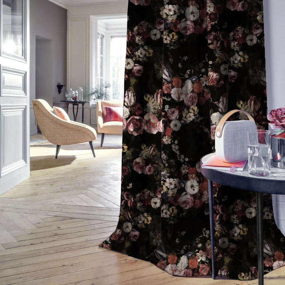Noir Blossom Floral Peach Pink Heavy Satin Blackout Curtains Set Of 2 - (DS474C)