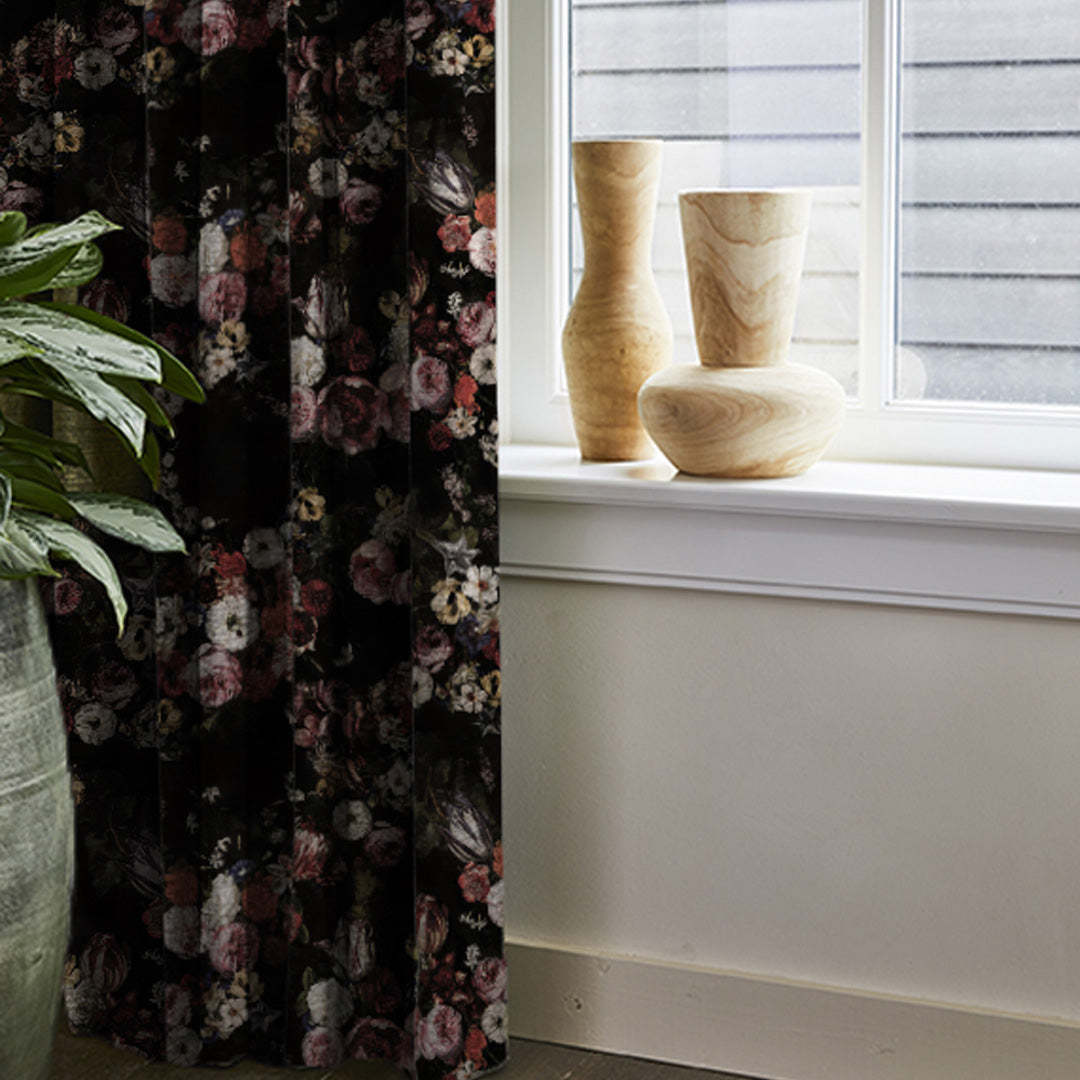 Noir Blossom Floral Peach Pink Heavy Satin Blackout Curtains Set Of 2 - (DS474C)