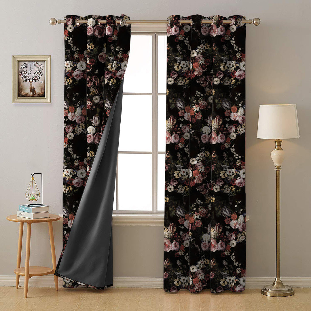 Noir Blossom Floral Peach Pink Heavy Satin Blackout Curtains Set Of 2 - (DS474C)