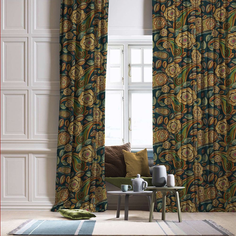 Urban Blooms Floral Sea Green Heavy Satin Room Darkening Curtains Set Of 2 - (DS485A)