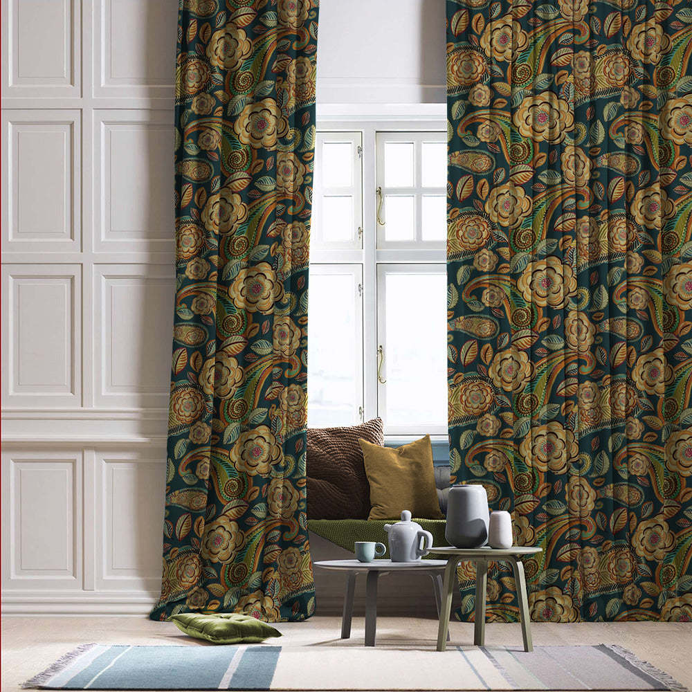 Urban Blooms Floral Sea Green Heavy Satin Room Darkening Curtains Set Of 2 - (DS485A)
