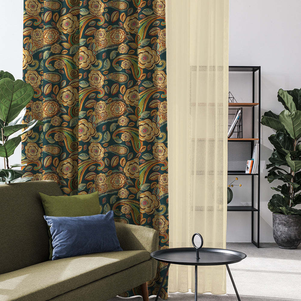 Urban Blooms Floral Sea Green Heavy Satin Room Darkening Curtains Set Of 2 - (DS485A)