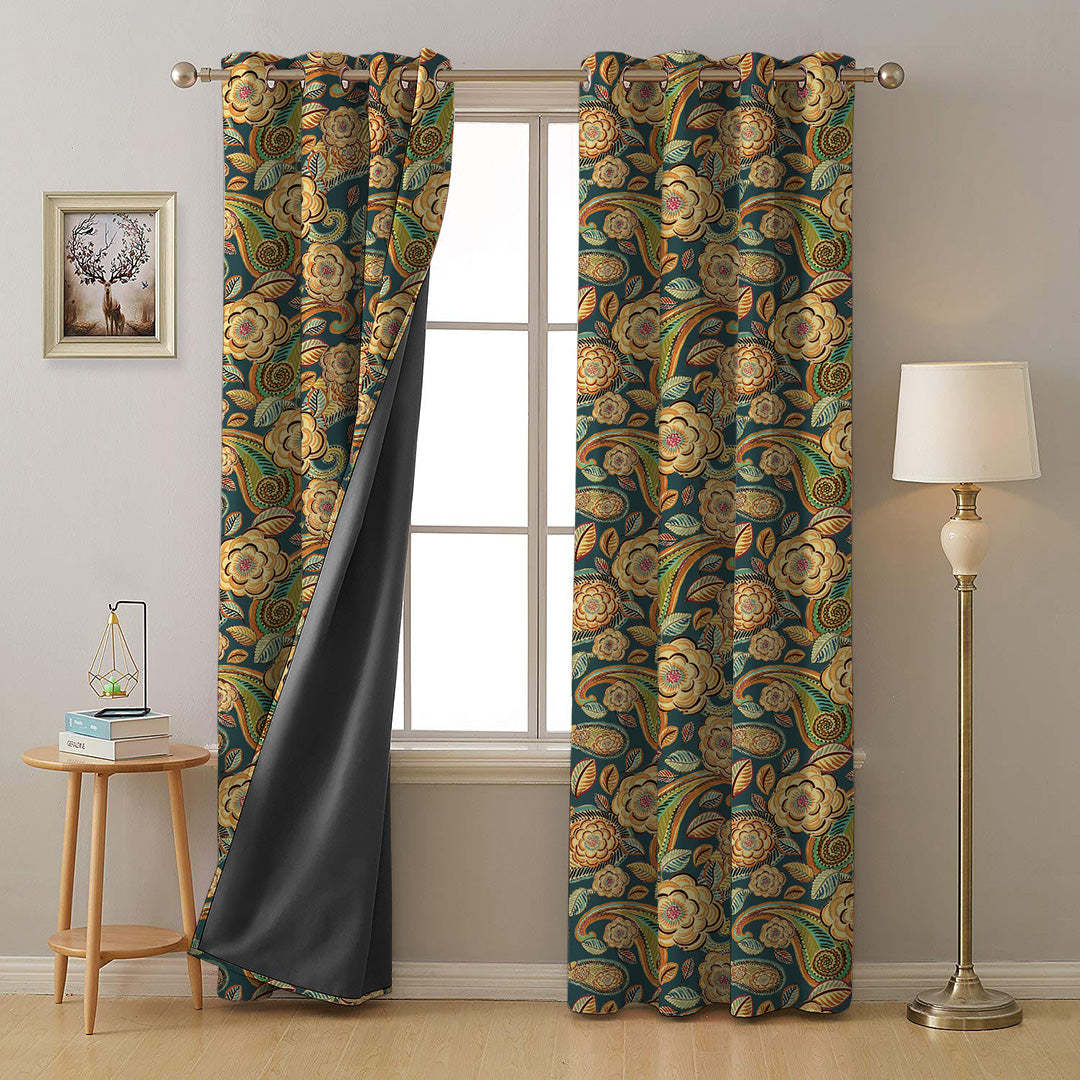 Urban Blooms Floral Sea Green Heavy Satin Room Darkening Curtains Set Of 2 - (DS485A)