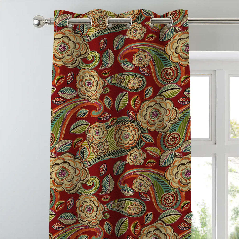 Urban Blooms Floral Bright Red Heavy Satin Blackout curtains Set Of 2 - (DS485B)