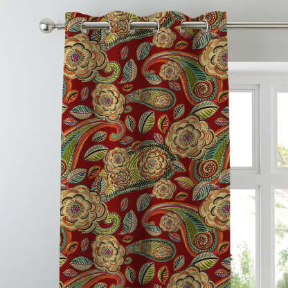 Urban Blooms Floral Bright Red Heavy Satin Blackout curtains Set Of 2 - (DS485B)