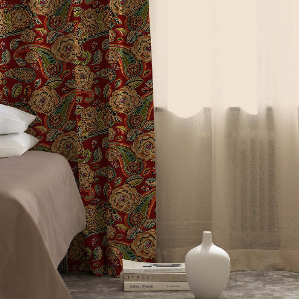 Urban Blooms Floral Bright Red Heavy Satin Blackout curtains Set Of 2 - (DS485B)