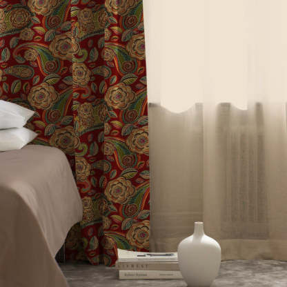 Urban Blooms Floral Bright Red Heavy Satin Blackout curtains Set Of 2 - (DS485B)