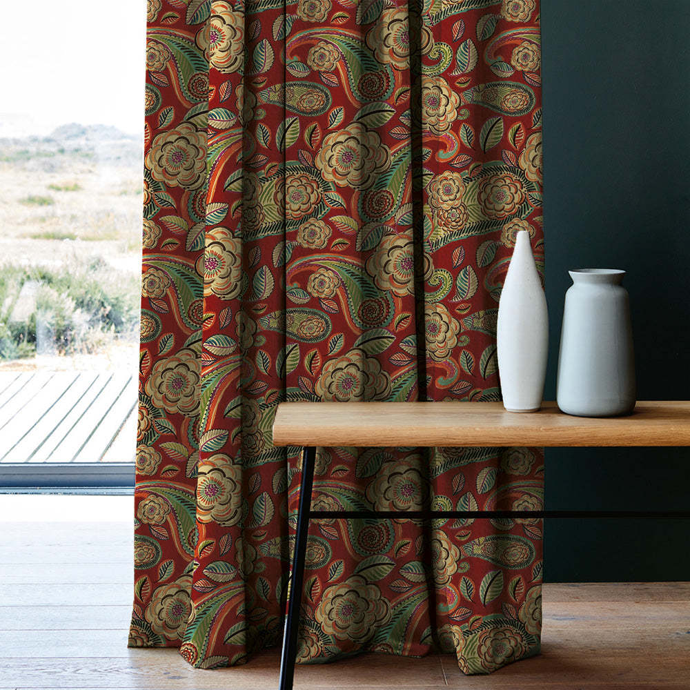Urban Blooms Floral Bright Red Heavy Satin Blackout curtains Set Of 2 - (DS485B)