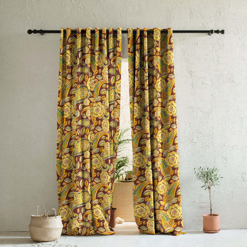 Urban Blooms Floral Cocoa Brown Heavy Satin Blackout curtains Set Of 2 - (DS485C)