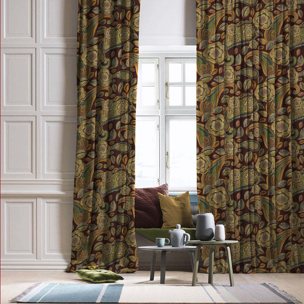 Urban Blooms Floral Cocoa Brown Heavy Satin Blackout curtains Set Of 2 - (DS485C)