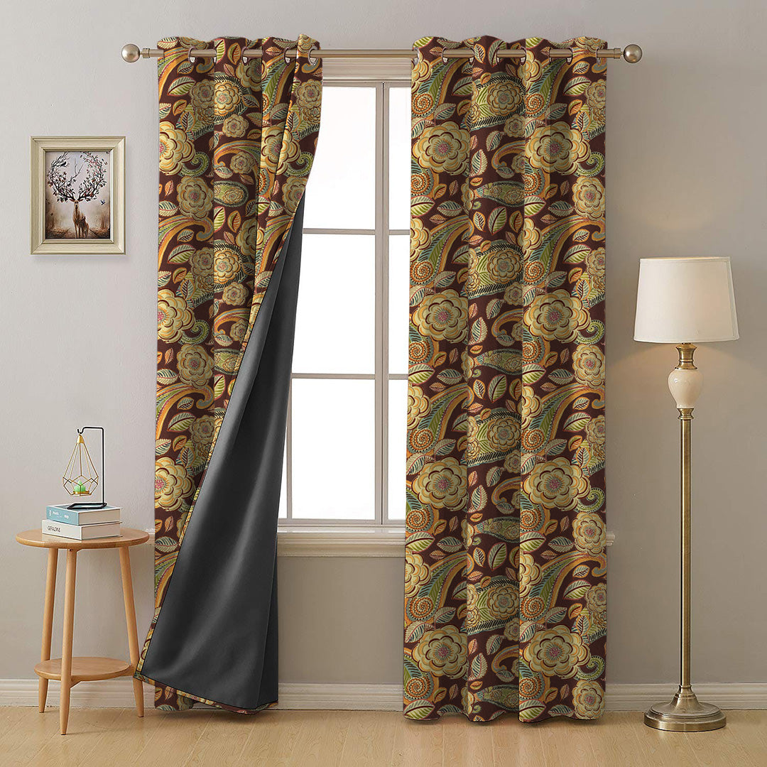 Urban Blooms Floral Cocoa Brown Heavy Satin Blackout curtains Set Of 2 - (DS485C)