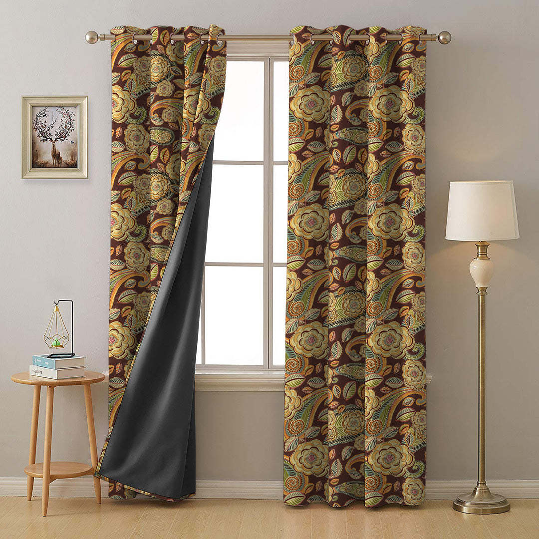 Urban Blooms Floral Cocoa Brown Heavy Satin Blackout curtains Set Of 2 - (DS485C)