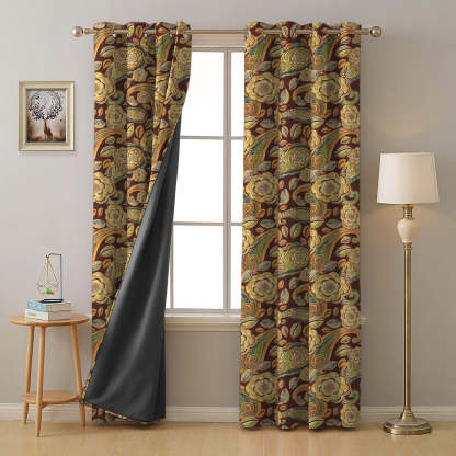 Urban Blooms Floral Cocoa Brown Heavy Satin Blackout curtains Set Of 2 - (DS485C)