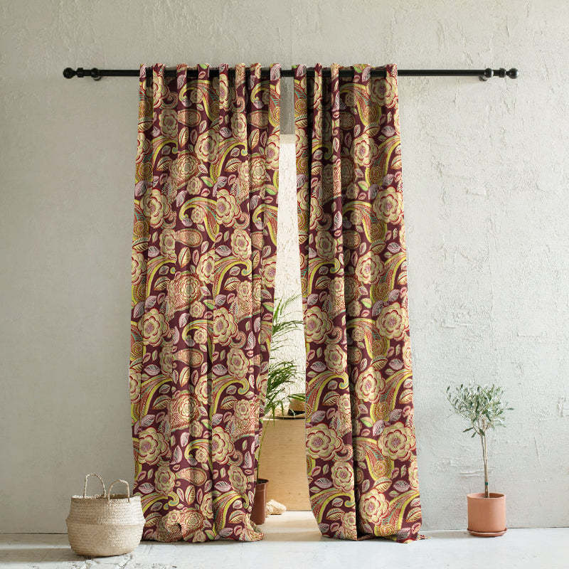 Urban Blooms Floral Maroon Heavy Satin Blackout curtains Set Of 2 - (DS485D)