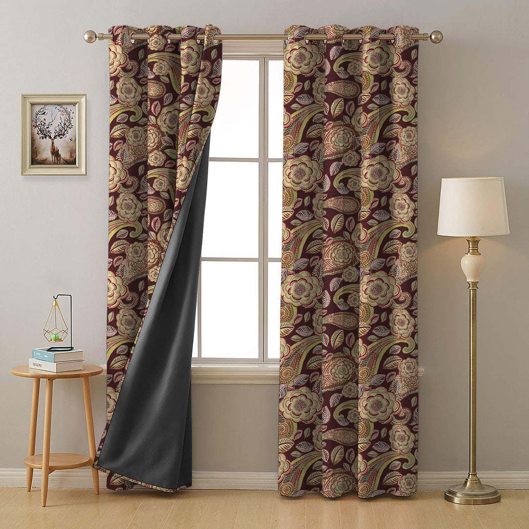 Urban Blooms Floral Maroon Heavy Satin Blackout curtains Set Of 2 - (DS485D)